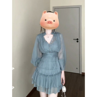 XZY 绝美收腰仙女短裙 微胖法式 气质重工褶皱V领连衣裙女25年夏季