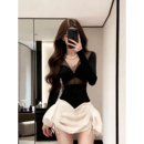 XZY 微胖韩系辣妹V领网纱拼接连衣裙女25年冬季撞色微透收腰短裙