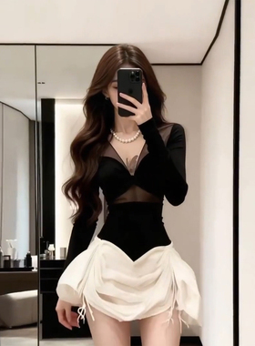 XZY 微胖韩系辣妹V领网纱拼接连衣裙女25年冬季撞色微透收腰短裙