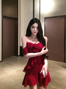 XZY 微胖纯欲性感红色玫瑰吊带连衣裙女辣妹收腰荷叶边露肩圣诞裙