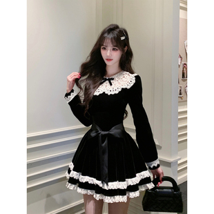 XZY 气质收腰蓬蓬短裙 微胖赫本风甜美蕾丝娃娃领连衣裙女25年冬季