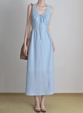 XZY/欣争艳 胖mm法式气质蓝色无袖背心连衣裙女夏季简约通勤长裙