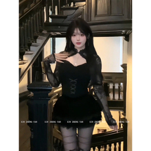 XZY/欣争艳 微胖mm纯欲风辣妹黑色蕾丝长袖上衣女秋显瘦半裙套装