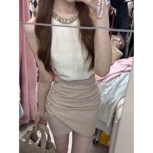 XZY 微胖温柔千金风镶钻雪纺无袖上衣女25年夏季高腰包臀半裙套装