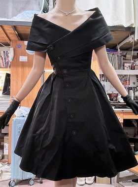 XZY 微胖法式赫本风黑色一字肩连衣裙女26年夏季复古优雅礼服裙子