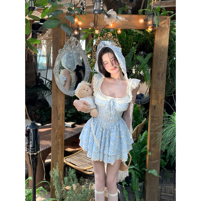 XZY 微胖甜美清新蕾丝拼接格纹连衣裙女25年夏收腰蝴蝶结蛋糕短裙