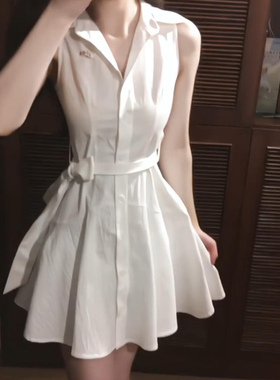 XZY 微胖纯欲甜美白色衬衫无袖连衣裙女高级感绑带收腰初恋短裙子