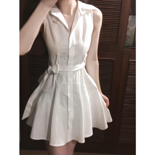 XZY 微胖纯欲甜美白色衬衫无袖连衣裙女高级感绑带收腰初恋短裙子