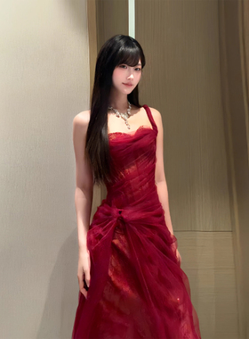XZY 微胖法式纯欲红色网纱吊带连衣裙女25年冬季高级感宴会晚礼服