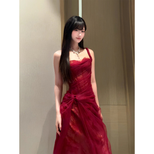 XZY 微胖法式纯欲红色网纱吊带连衣裙女25年冬季高级感宴会晚礼服