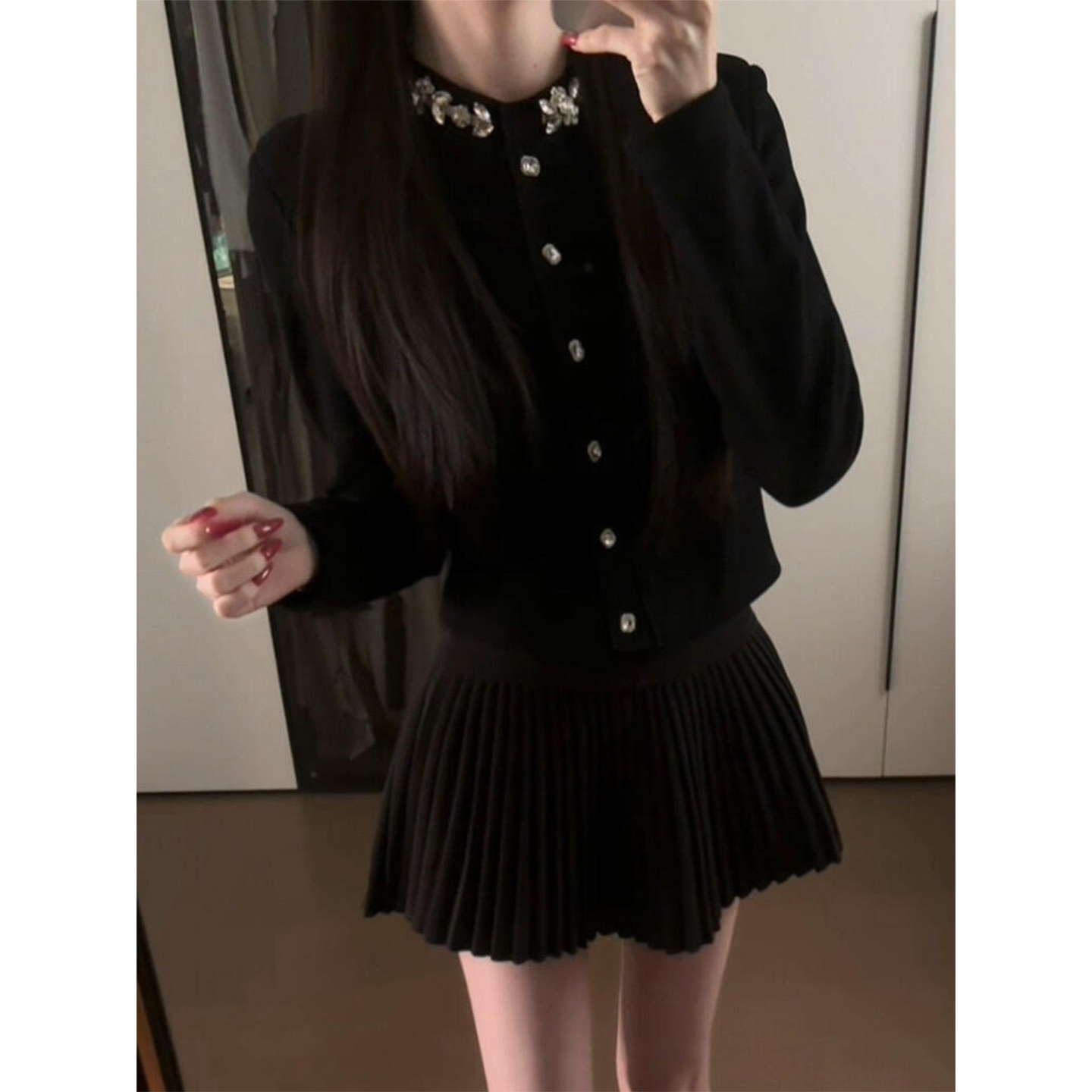 微胖韩系千金风钻领短款针织开衫