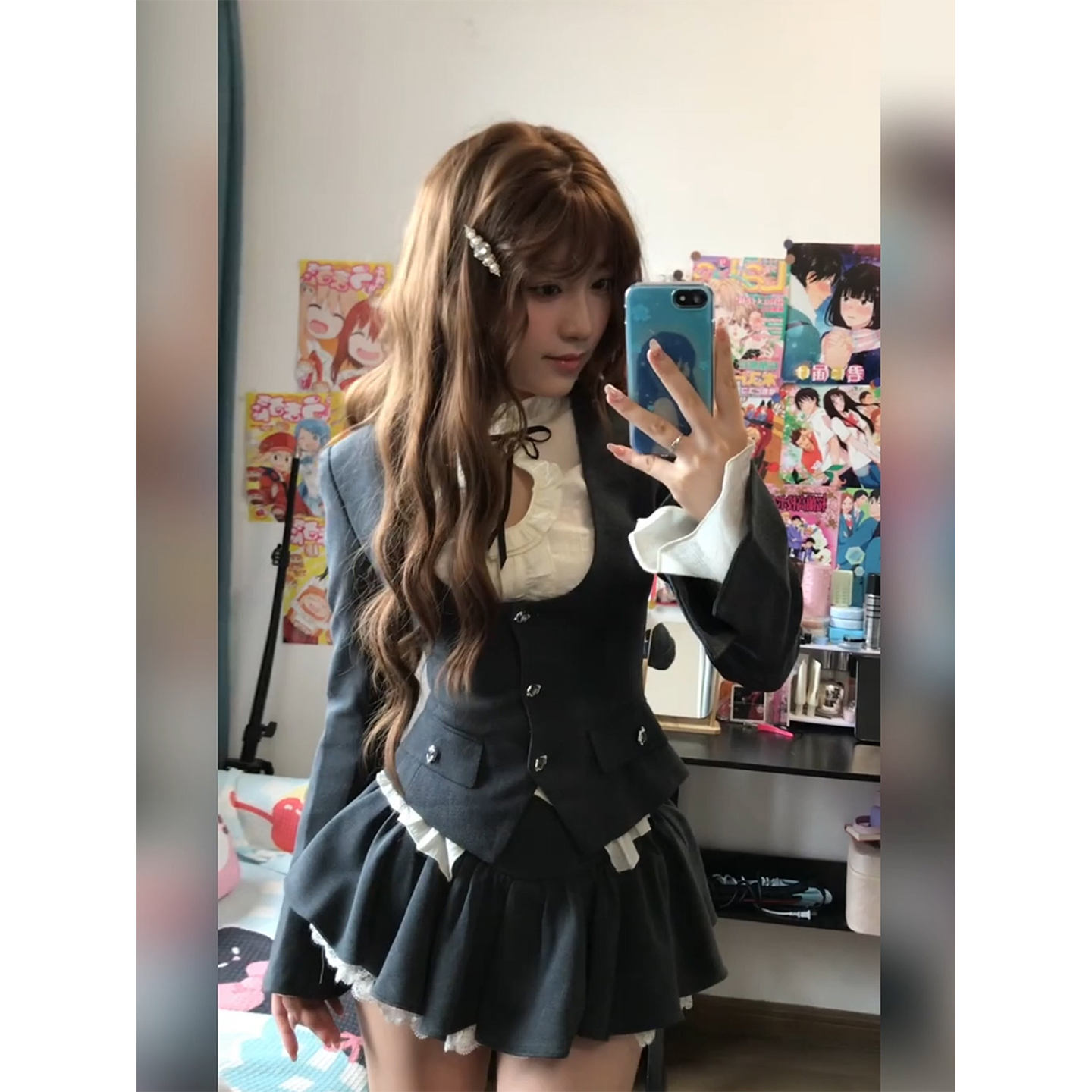 微胖学院风千金内搭木耳边衬衫