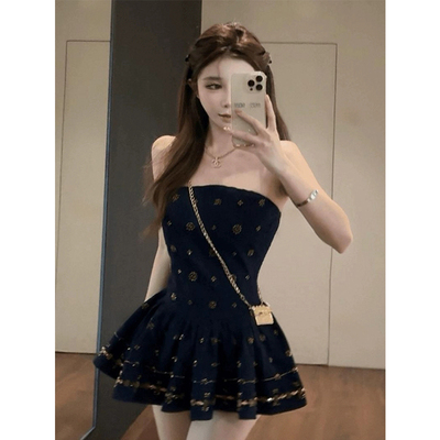 微胖复古高级感鎏金抹胸连衣裙