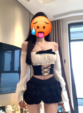 XZY 微胖法式纯欲设计感撞色一字肩上衣女25年冬季高腰蓬蓬裙套装