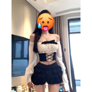 高腰蓬蓬裙套装 纯欲设计感撞色一字肩上衣女25年冬季 微胖法式 XZY