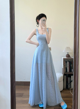 XZY 微胖绝美法式蓝色方领吊带连衣裙女25年夏掐腰显瘦海边度假裙