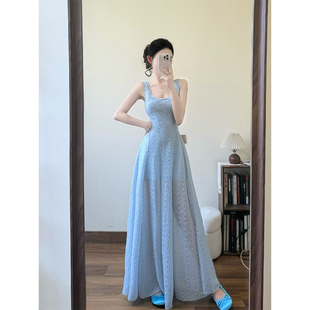 微胖绝美法式 XZY 蓝色方领吊带连衣裙女25年夏掐腰显瘦海边度假裙