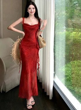 XZY 微胖纯欲风气质红色荷叶边连衣裙女25年夏季海边度假飘带长裙