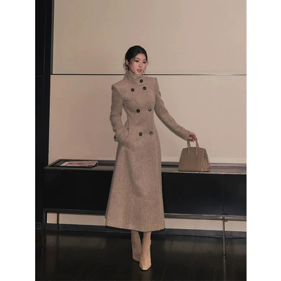 微胖复古老钱风双排扣毛呢大衣