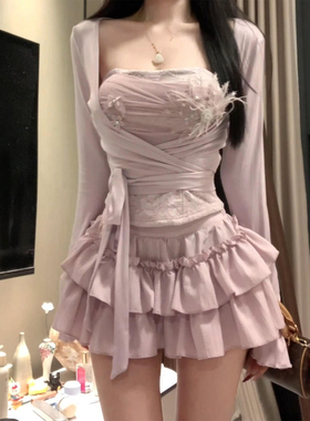 XZY 微胖纯欲温柔蕾丝拼接绣花抹胸上衣女25年冬季甜辣蛋糕裙套装