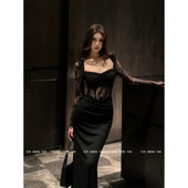 XZY 欣争艳 微胖mm纯欲辣妹镂空蕾丝连衣裙女秋性感御姐包臀长裙