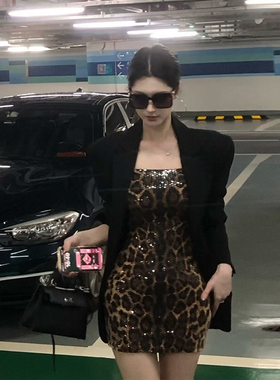 XZY 微胖御姐酷飒风亮片豹纹包臀裙女25年早秋辣妹西装外套两件套