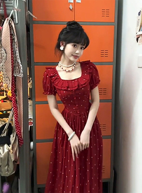XZY 微胖法式复古方领红色波点连衣裙女25年夏季高级感收腰长裙子