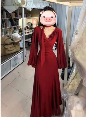 XZY 微胖法式优雅气质红色花朵荡领连衣裙女26年春季敬酒宴会礼服