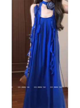 XZY/欣争艳 微胖mm法式高级感蓝色吊带连衣裙女25年夏度假风长裙