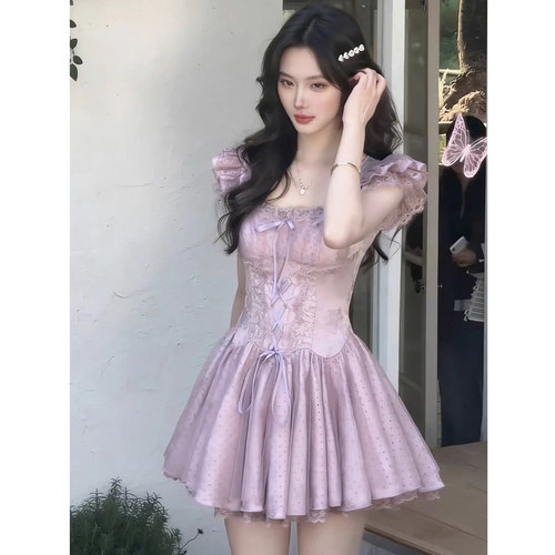 微胖纯欲甜美紫色蕾丝鱼骨连衣裙