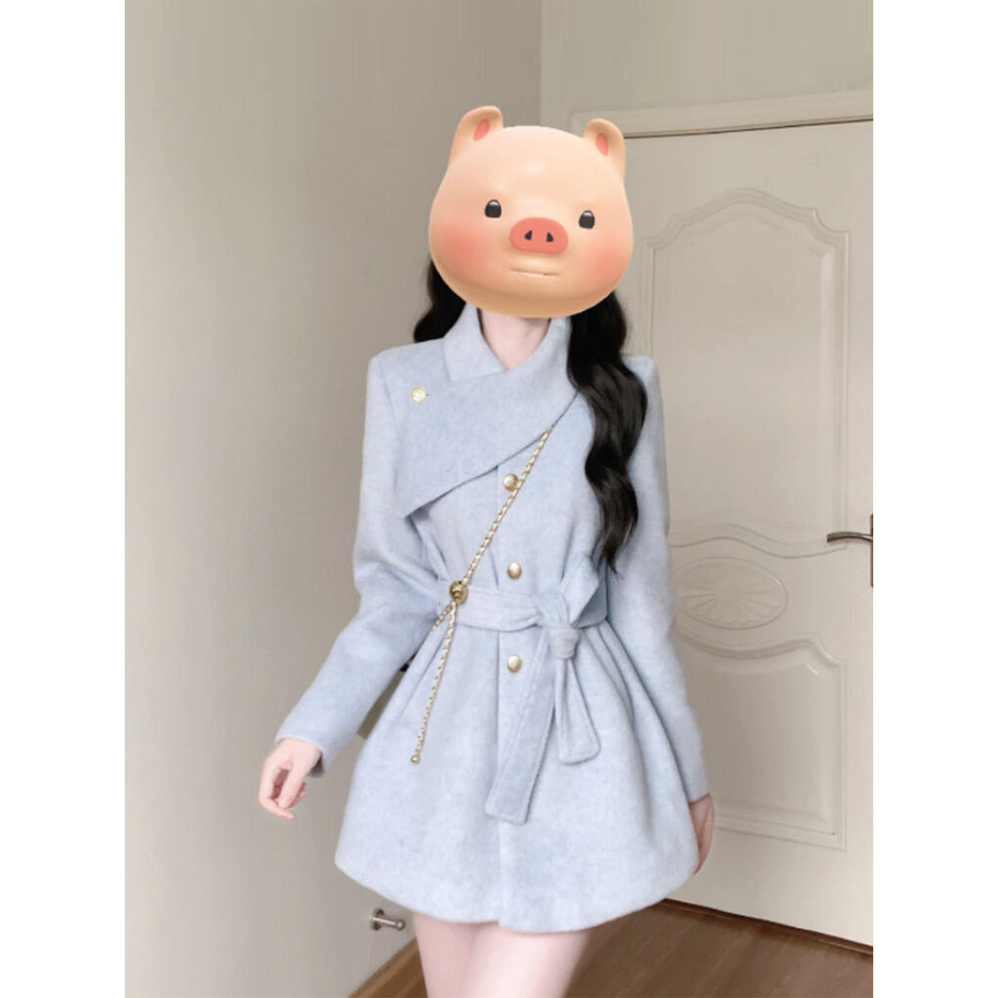 微胖韩系富家千金蓝色毛呢外套