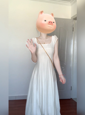 XZY/欣争艳 胖mm法式简约方领白色连衣裙女夏季通勤气质显瘦长裙