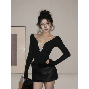 XZY 气质毛绒包臀皮裙两件套 微胖性感辣妹钻链镂空上衣女25年冬季