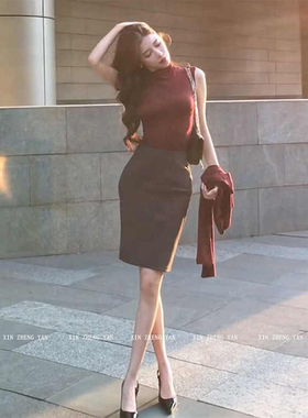 XZY/欣争艳 微胖御姐气质红色无袖上衣女25年夏通勤OL包臀裙套装