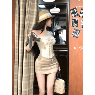 XZY 微胖可露丽风性感一字肩抹胸上衣女25年夏季 高腰包臀半裙套装