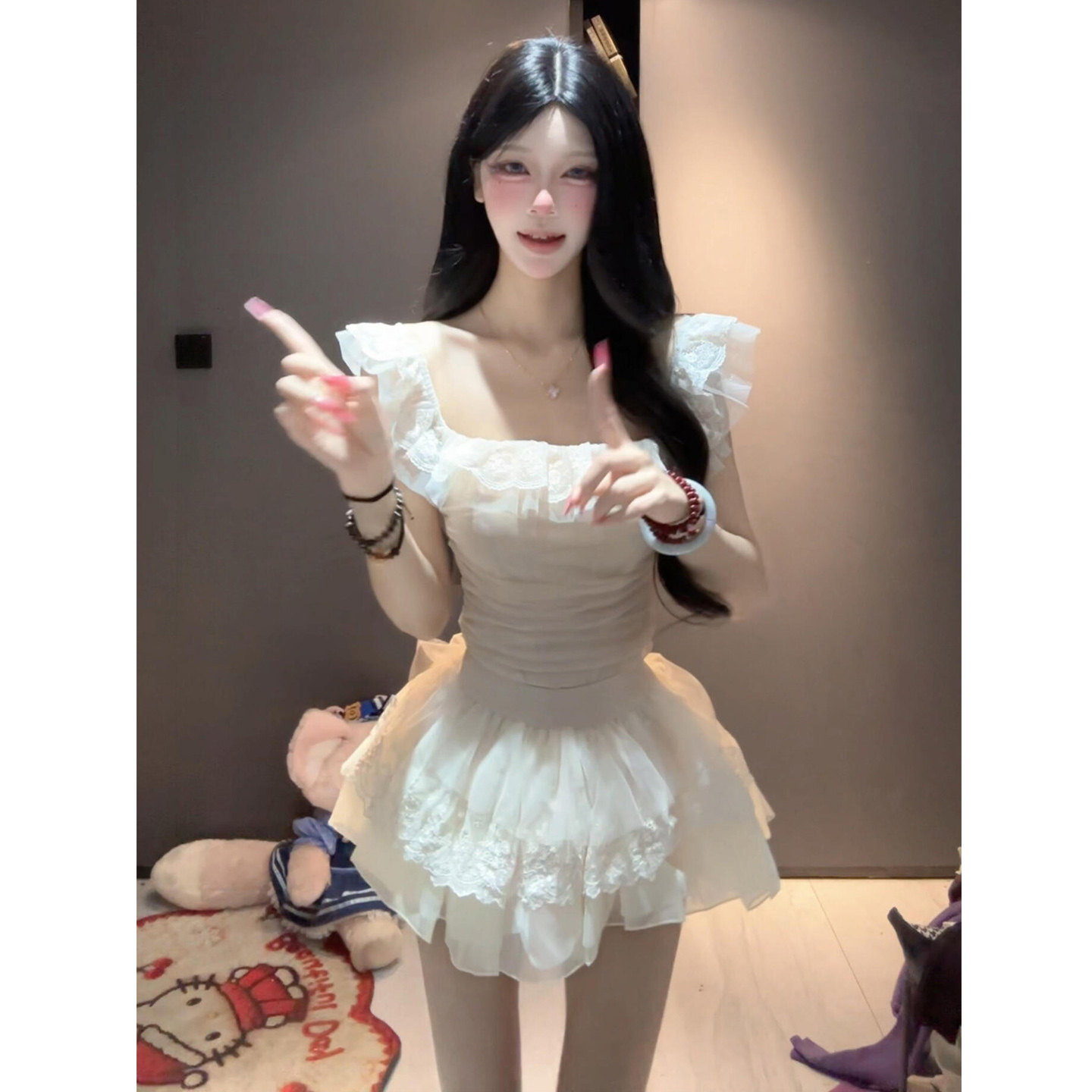XZY 微胖纯欲甜美蕾丝花边鱼骨胸衣女26年夏季修身仙女蓬蓬裙套装