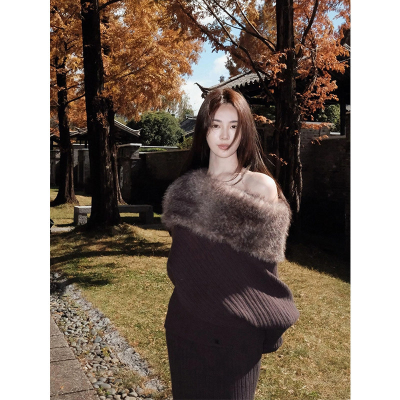 XZY 微胖复古美拉德毛领一字肩上衣女25年冬季显瘦针织半身裙套装,女装/女士精品,大码套装,淘宝优惠券,粉丝福利购,淘宝优惠卷