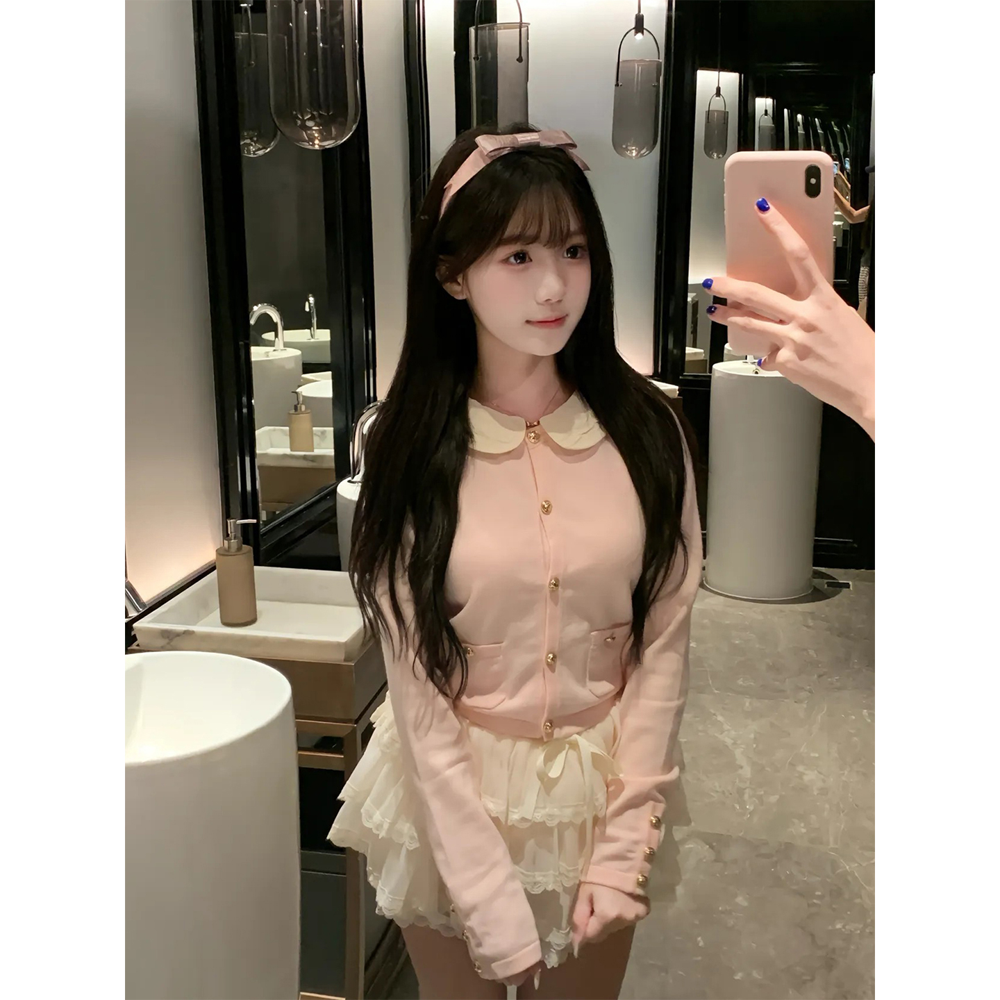 微胖甜美减龄粉色娃娃领针织开衫