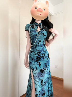 XZY 微胖优雅新中式改良旗袍植绒连衣裙女25年夏季国风开叉包臀裙