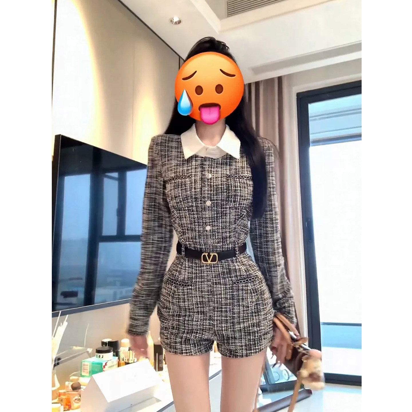XZY 微胖韩系小香风可拆卸领口弹力连体裤女26年春季修身显瘦短裤,女装/女士精品,大码裤装,淘宝优惠券,粉丝福利购,淘宝优惠卷