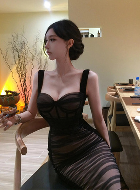 XZY/欣争艳 胖mm御姐气质修身网纱吊带连衣裙女夏季性感包臀长裙