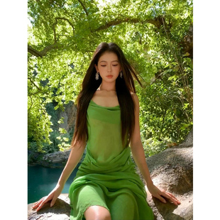 XZY 收腰显瘦仙女长裙子 微胖法式 度假风绿色荡领吊带裙女25年夏季