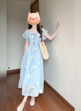 XZY/欣争艳 胖mm法式茶歇雪纺蓝色碎花连衣裙女夏季超仙绝美长裙