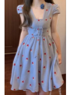 XZY/欣争艳 微胖mm甜美度假风蓝色碎花连衣裙女夏季收腰显瘦短裙