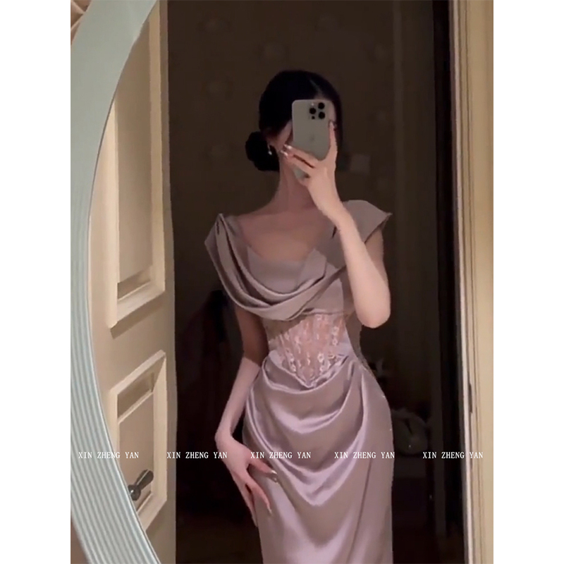 轻奢法式高级感缎面荡领连衣裙