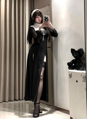 XZY 微胖哥特风修女cos开叉连衣裙女25年秋季性感修身辣妹长裙子