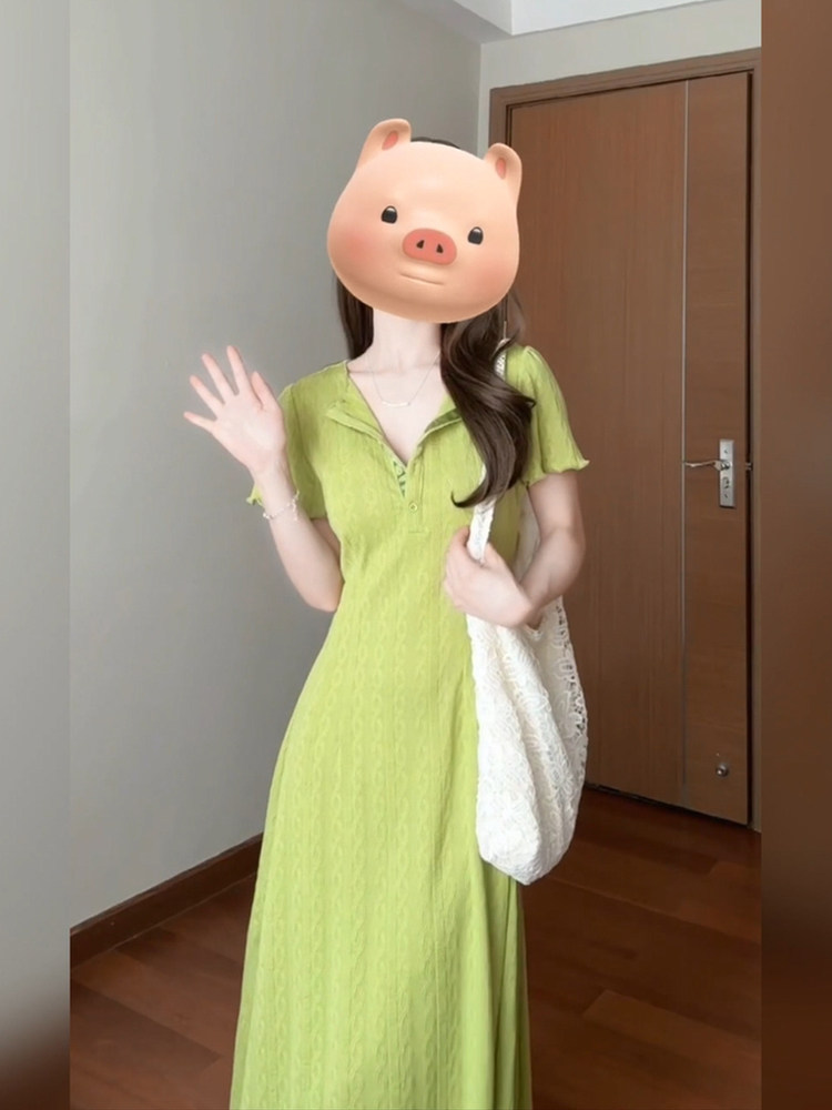 XZY/欣争艳 胖mm茶歇法式v领牛油果绿连衣裙女夏季高级感显瘦长裙
