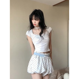 XZY 两件套 微胖甜美减龄蕾丝拼接波点上衣女25年夏季 花边花苞短裤