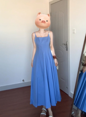 XZY/欣争艳 微胖mm法式高级感吊带连衣裙女夏海边度假风蓝色长裙