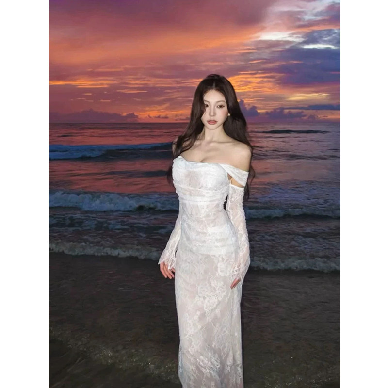 XZY 微胖法式绝美一字肩蕾丝连衣裙女26年春季高级感收腰礼服长裙